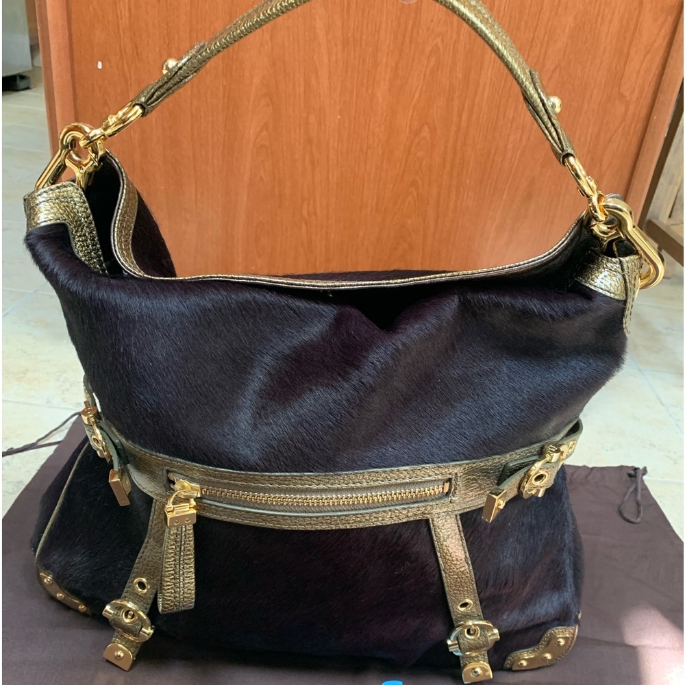 Rafe Leather Trimmed Ponyhair Shoulder Bag- Wine